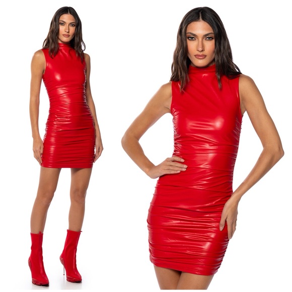 AKIRA CHERRY ON TOP PU MINI DRESS WITH 4 WAY STRETCH VEGAN - Picture 3 of 7